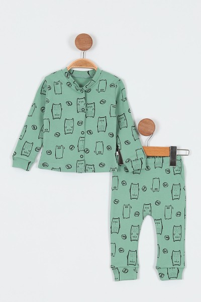 Su Yeşili (6-12 Ay) Kedi Baskılı Önü Çıtçıtlı Erkek Bebe Pijama Takım 196988