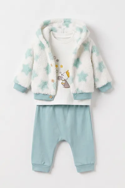 Su Yeşili (6-12 Ay) Nakışlı Pelüş Ceketli Pantolon Sweatshirt 3'lü Kız Bebek Takım 495567