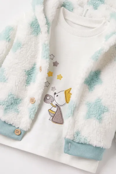 Su Yeşili (6-12 Ay) Nakışlı Pelüş Ceketli Pantolon Sweatshirt 3'lü Kız Bebek Takım 495567