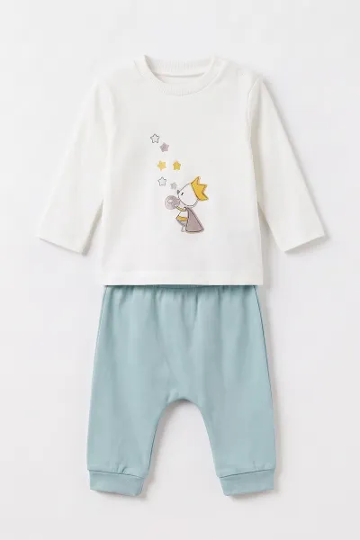 Su Yeşili (6-12 Ay) Nakışlı Pelüş Ceketli Pantolon Sweatshirt 3'lü Kız Bebek Takım 495567