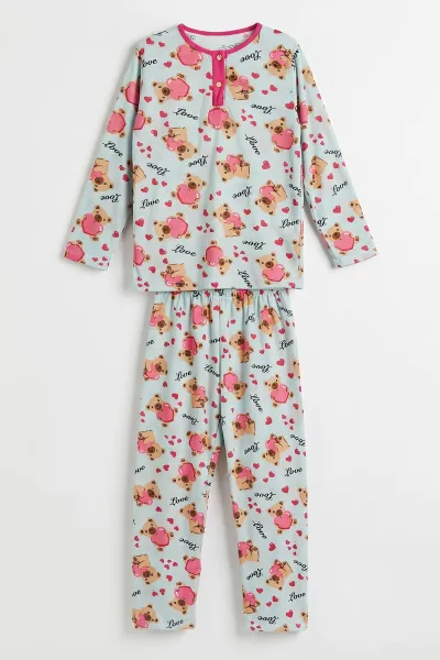 Su Yeşili (6-14 Yaş) Desenli Yakadan Yarım Düğmeli  Süprem Kumaş Kız Çocuk Pijama Takımı 487219