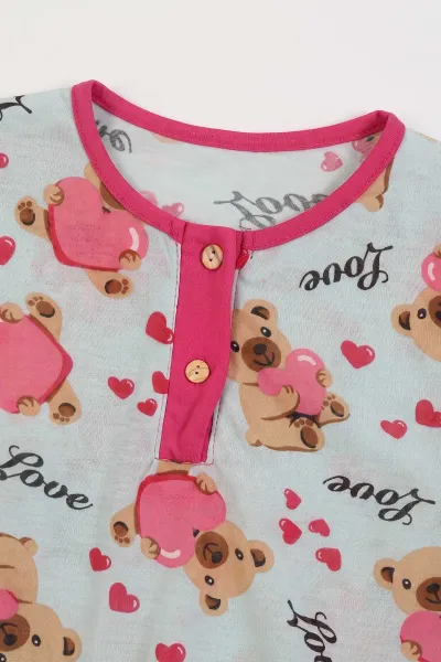 Su Yeşili (6-14 Yaş) Desenli Yakadan Yarım Düğmeli  Süprem Kumaş Kız Çocuk Pijama Takımı 487219