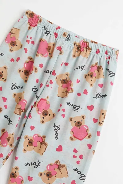 Su Yeşili (6-14 Yaş) Desenli Yakadan Yarım Düğmeli  Süprem Kumaş Kız Çocuk Pijama Takımı 487219