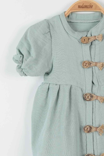 Su Yeşili (6-18 Ay) Düğme Detaylı Kol Lastikli Kız Bebe Elbise 175884