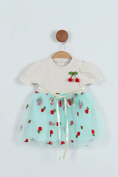 Su Yeşili (6-18 Ay) Kiraz Nakışlı İç Astarlı Kız Bebek Elbise 272188