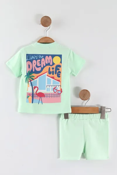Su Yeşili (6-24 Ay) Dream Life Baskılı   Tişörtlü    Şortlu  Kız Bebek 2'li Takım 462226