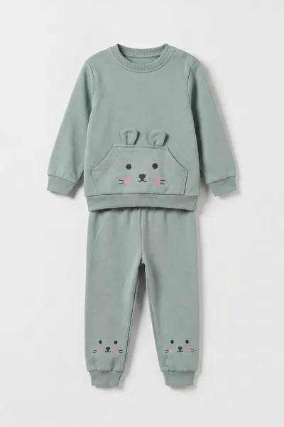 Su Yeşili (6-24 Ay) Kedi Desenli Kulaklı  Penye Kız Bebek Takım 485397