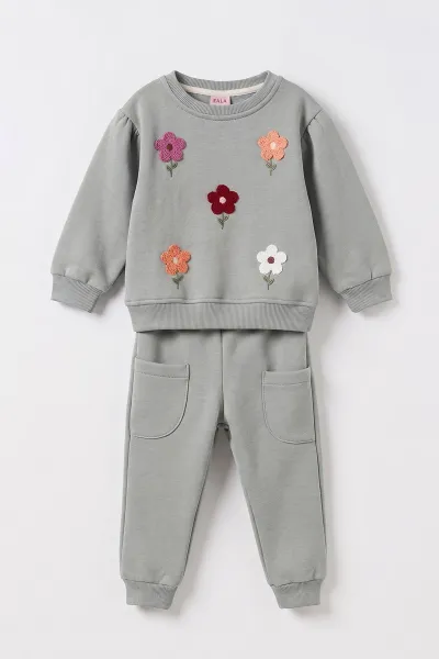 Su Yeşili (6-24 Ay) Papatya Nakışlı   3 İp Şardonlu Kız Bebek Kışlık Takım 497252