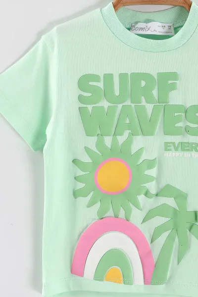 Su Yeşili (6-24 Ay)  Surf Waves Kabartma Baskılı Tişörtlü  Şortlu Kız Bebek Yazlık Takım 440302