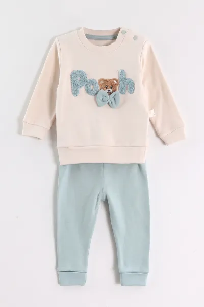 Su Yeşili (6-24 Ay) Süzene Pooh Nakışlı Papyonlu Erkek Bebek 2'li Takım 472845