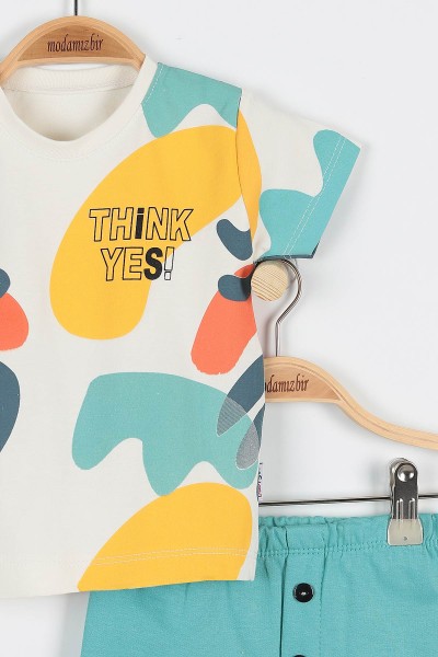 Su Yeşili (6-24 Ay) Think Yes Baskılı Düğmeli Şortlu Erkek Bebe Takım 173487