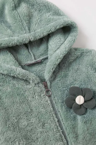 Su Yeşili (6-12 Yaş) Papatya Aksesuarlı Kapüşonlu    Kız Çocuk Peluş Hırka 489007