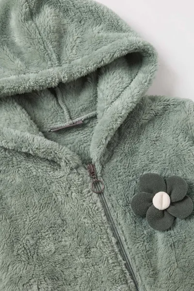 Su Yeşili (7-12 Yaş) Papatya Aksesuarlı Kapüşonlu    Kız Çocuk Peluş Hırka 489007