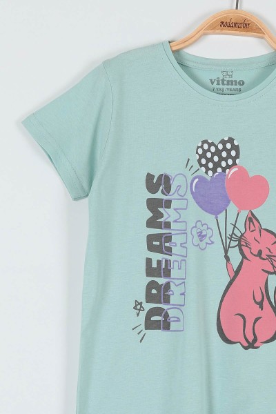 Su Yeşili (7-9 Yaş) Kedi Balonlu Baskılı Kaprili KIz Çocuk Pijama Takımı 182014