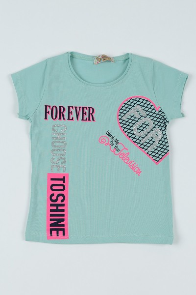 su-yesili-8-12-yas-forever-baskili-kiz-cocuk-tisort-94600