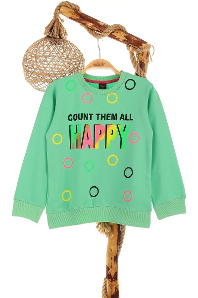 Su Yeşili (9-12 Yaş) Happy Baskılı Kız Çocuk Sweat 150986