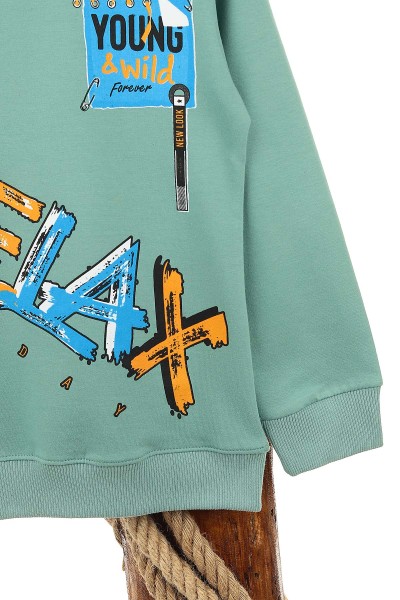 Su Yeşili (9-12 Yaş) Relax Baskılı Erkek Çocuk Sweat 150948