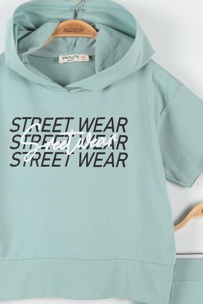 Su Yeşili (9-12 Yaş) Street Wear Baskılı Kapüşon Detaylı Kız Çocuk Takım 176956