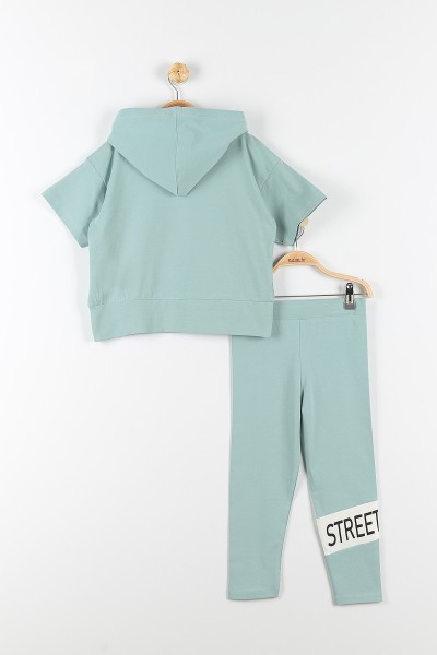 Su Yeşili (9-12 Yaş) Street Wear Baskılı Kapüşon Detaylı Kız Çocuk Takım 176956