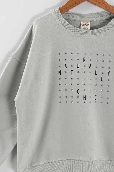 Su Yeşili (9-12 Yaş)Önü Taşlı Kız Çocuk Sweatshirt 432950