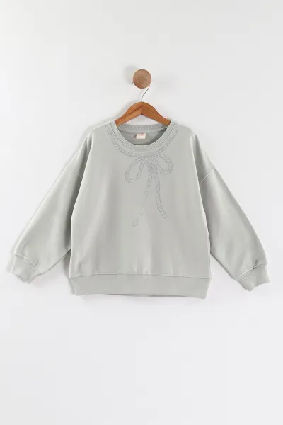 Su Yeşili (9-12 Yaş)Taşlı Fiyonklu Kız Çocuk Sweatshirt 432863