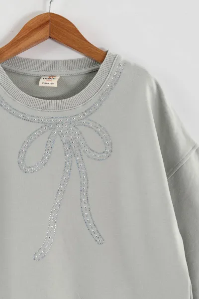 Su Yeşili (9-12 Yaş)Taşlı Fiyonklu Kız Çocuk Sweatshirt 432863