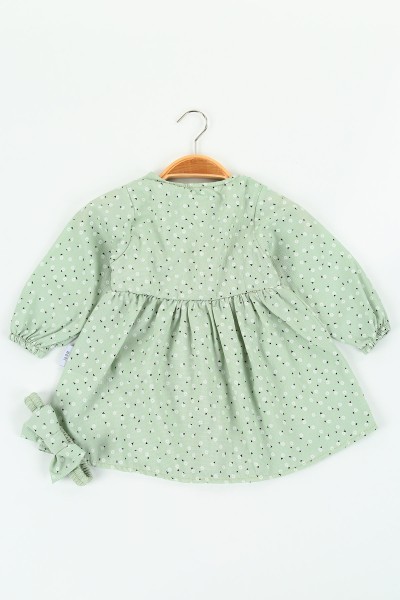 Su Yeşili (9-24 ay) Önü Düğmeli Desenli Kız Çocuk Elbise 125160
