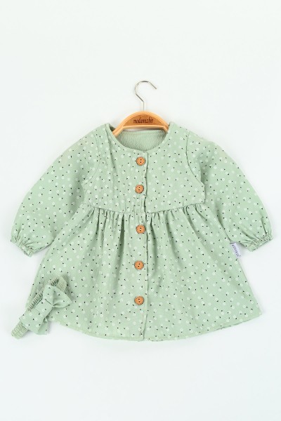 Su Yeşili (9-24 ay) Önü Düğmeli Desenli Kız Çocuk Elbise 125160