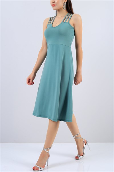 Su Yeşili Askı Detaylı Bayan V Yaka Elbise 14907B