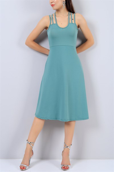 Su Yeşili Askı Detaylı Bayan V Yaka Elbise 14907B