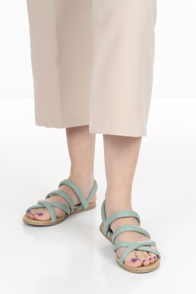 Su Yeşili Bantlı Düz Taban Kadın Sandalet 103310