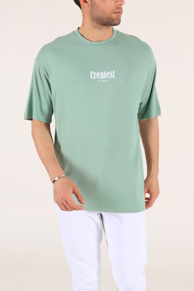 Su Yeşili Baskılı Oversize Erkek Tişört 177460