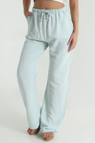 Su Yeşili Beli Lastikli Palazzo Kadın Keten Pantolon 478620