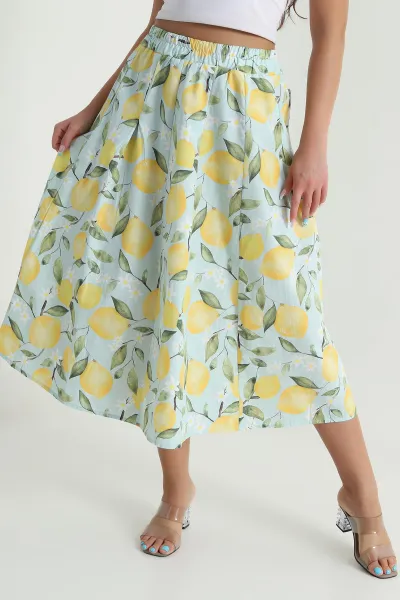 Su Yeşili Beli Lastikli Poplin Dokuma Kadın Etek 479858