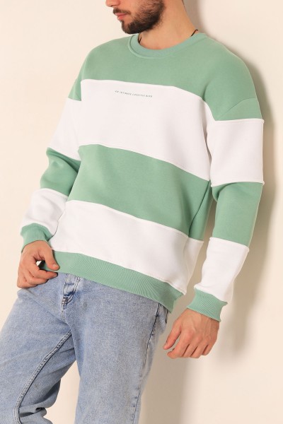 Su Yeşili Beyaz Oversize Üç İp Şardonlu Kabartma Yazılı Erkek Sweatshirt 222556