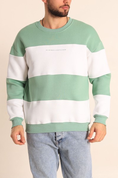 Su Yeşili Beyaz Oversize Üç İp Şardonlu Kabartma Yazılı Erkek Sweatshirt 222556