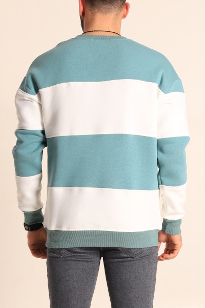 Su Yeşili Beyaz Oversize Üç İp Şardonlu Kabartma Yazılı Erkek Sweatshirt 225870