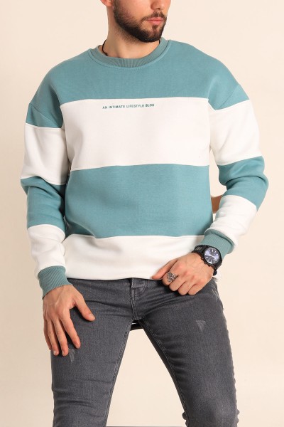 Su Yeşili Beyaz Oversize Üç İp Şardonlu Kabartma Yazılı Erkek Sweatshirt 225870