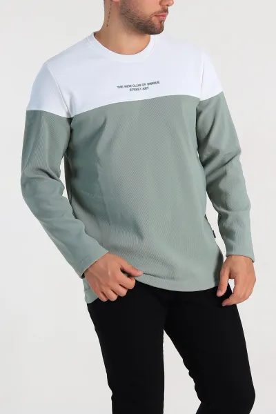 Su Yeşili Beyaz Regular Fit Kabartma Baskılı Erkek Sweatshirt 305868