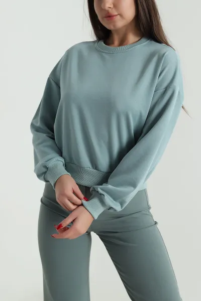 Su Yeşili Bisiklet Yaka İki İp Kadın Sweat 492983