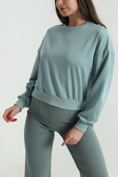 Su Yeşili Bisiklet Yaka İki İp Kadın Sweat 492983