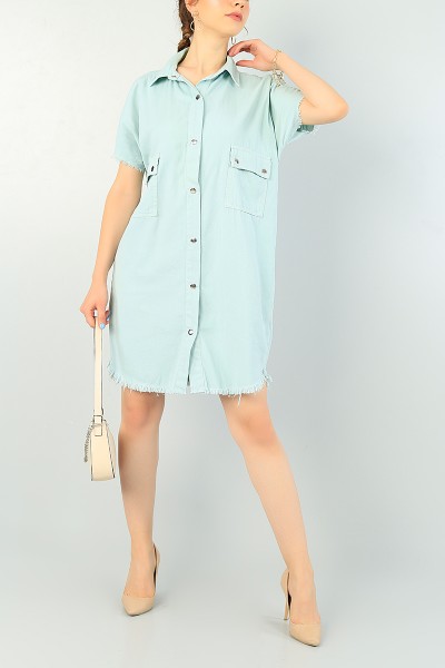 Su Yeşili Çıtçıtlı Yazlık Gabardin Elbise 72227