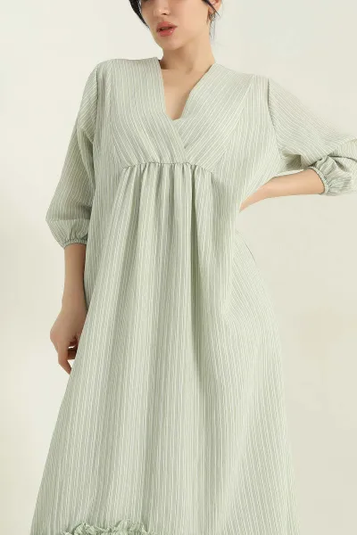 Su Yeşili Çizgili Oversize Dokuma Kadın Elbise 355264