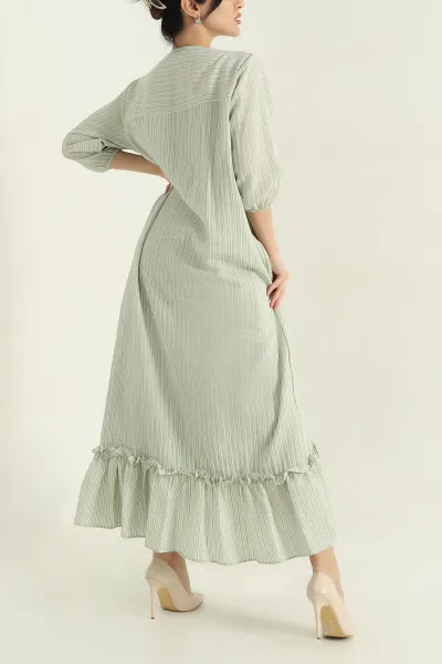 Su Yeşili Çizgili Oversize Dokuma Kadın Elbise 355264