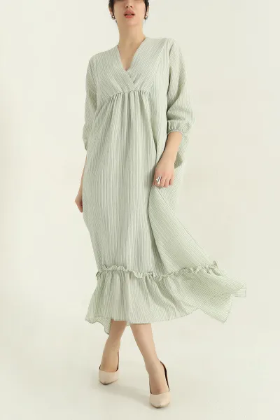 Su Yeşili Çizgili Oversize Dokuma Kadın Elbise 355264