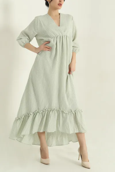 Su Yeşili Çizgili Oversize Dokuma Kadın Elbise 355264