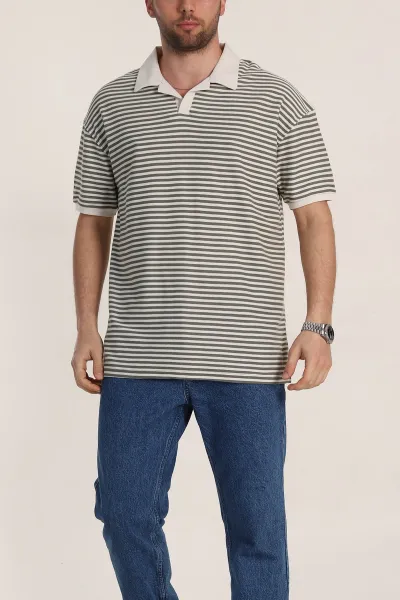 Su Yeşili Çizgili Oversize Örme Polo Yaka Erkek Tişört 349892