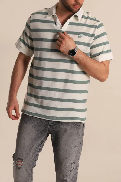 Su Yeşili Çizgili Oversize Polo Yaka Erkek Tişört 272823