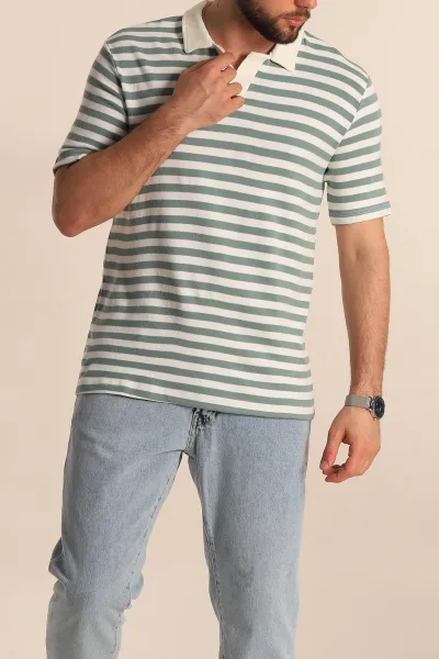 Su Yeşili Çizgili Relaxed Fit Polo Yaka Erkek Triko Tişört 276750