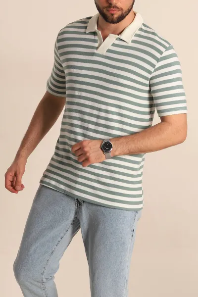 Su Yeşili Çizgili Relaxed Fit Polo Yaka Erkek Triko Tişört 276750